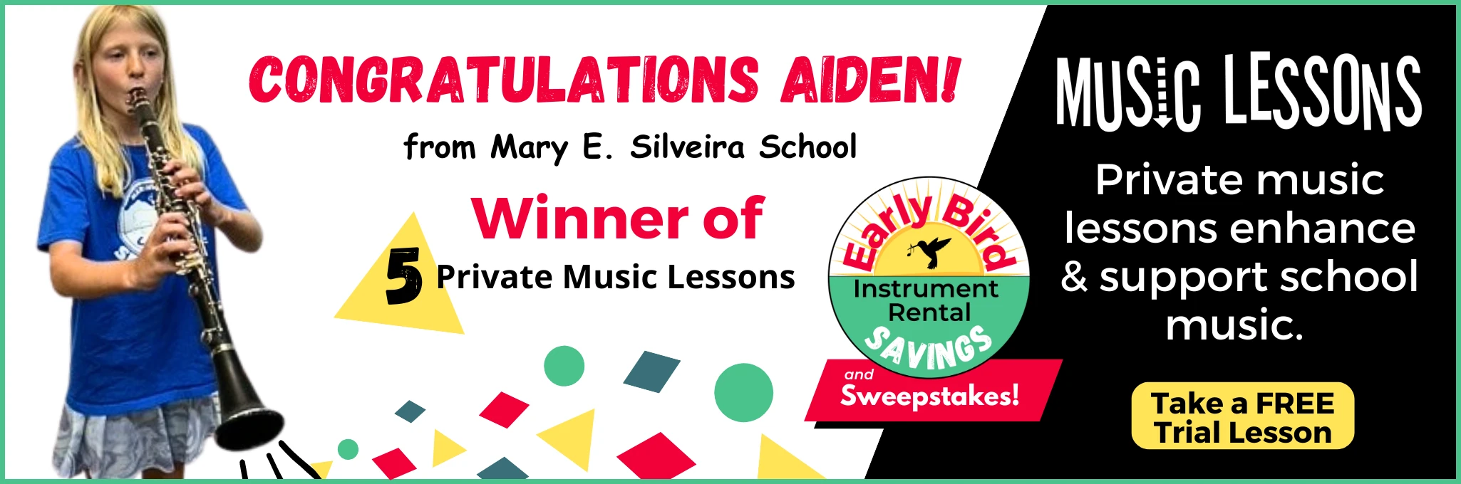 Congratulations to Aiden, winner of 5 free music lessons