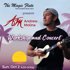 Ticket to Andrew Molina Ukulele Workshop & Concert, Sunday, October 2nd, 2022, 6:30pm - 8:30pm. Space is limited. Tickets are non-returnable.