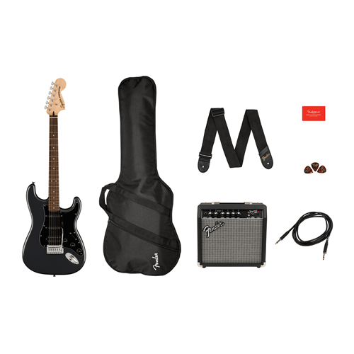 Squier Affinity Series Stratocaster HSS Pack Maple Fingerboard Charcoal Frost Metallic 15G Amp Gig Bag