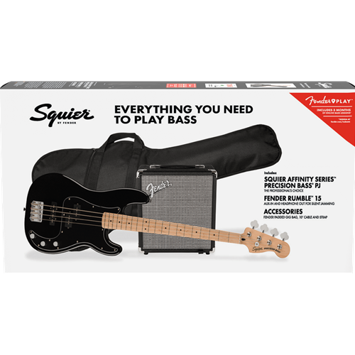 Fender Squier Affinity Series Precision Bass PJ Pack Maple Fingerboard Black Gig Bag Rumble 15