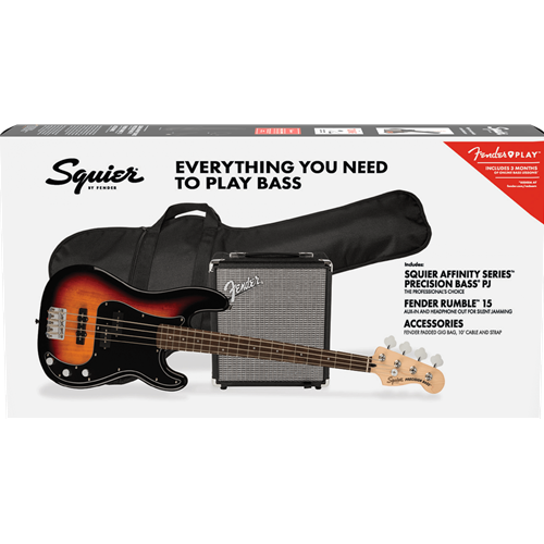 Squier Affinity Series Precision Bass PJ Pack Laurel Fingerboard 3 Color Sunburst Gig Bag Rumble 15